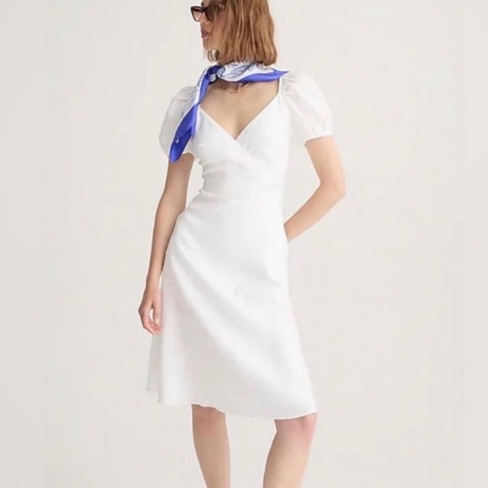 J. Crew White Midi Dress with Puff Sleeves